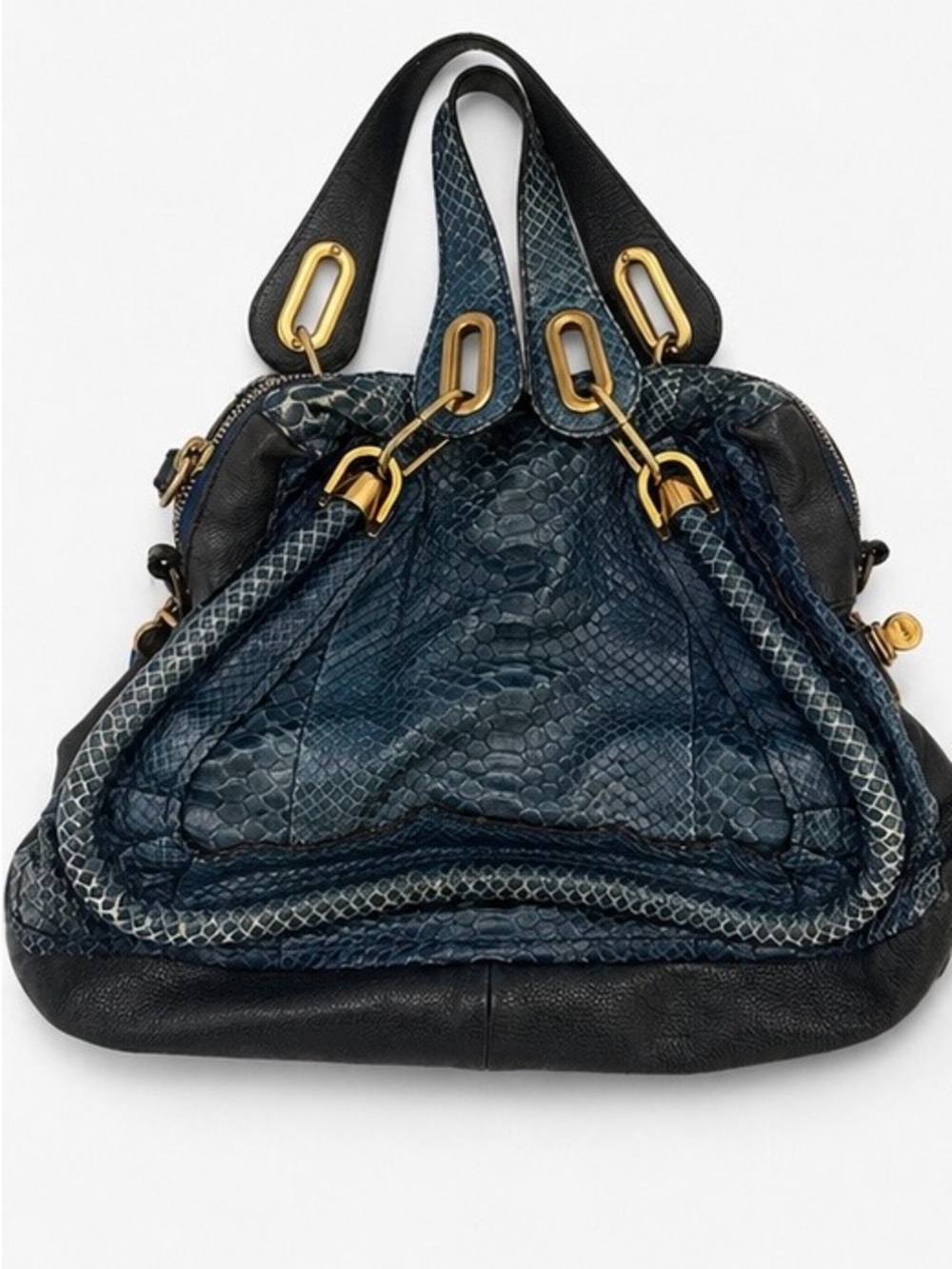 Chloe Navy Blue Snake-Embossed Leather Shoulder Bag with Gold Hardware